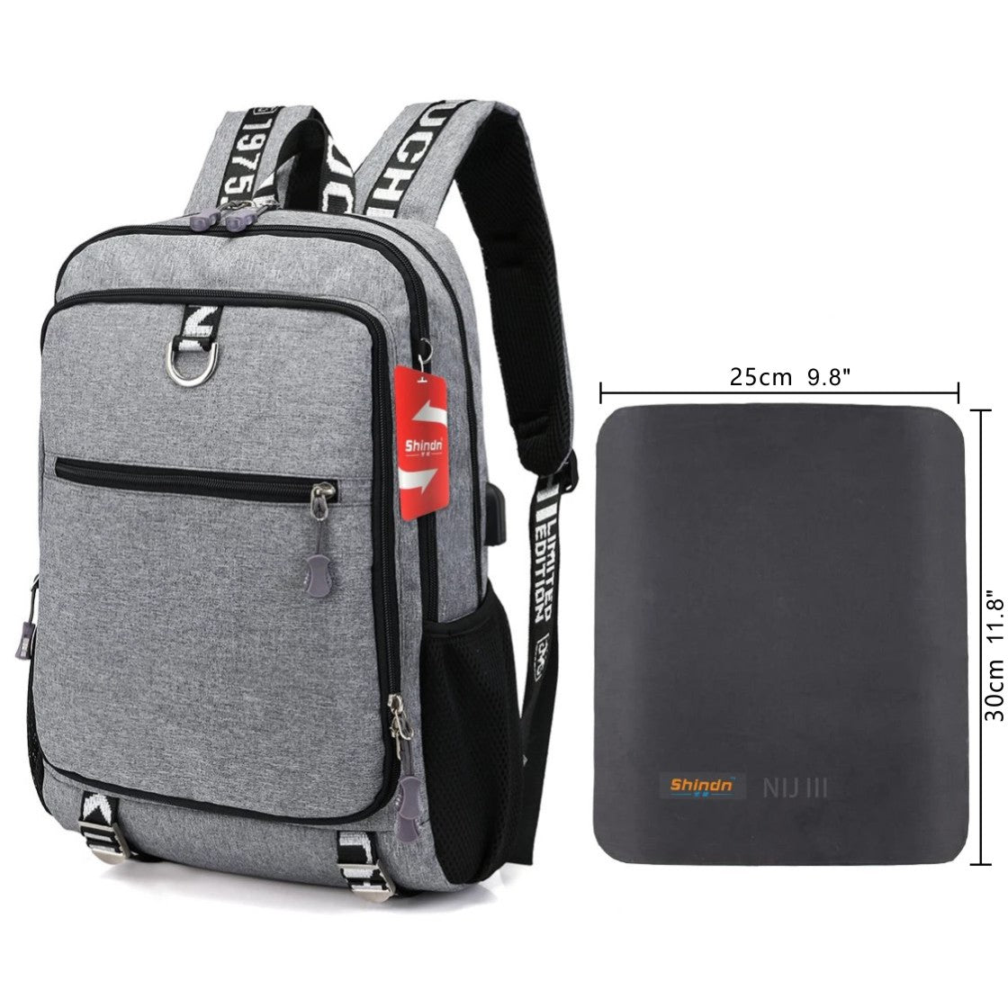 Shindn Student Bulletproof Backpack Computer Bag with USB Charging Interface NIJ III school bag Metal,UHMWPE,ARAMID bulletproof board