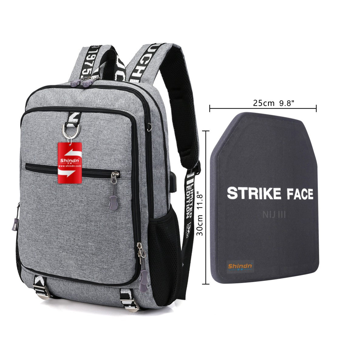 Shindn Student Bulletproof Backpack Computer Bag with USB Charging Interface NIJ III school Bag Metal,UHMWPE,ARAMID Bulletproof board gray / UHMWPE